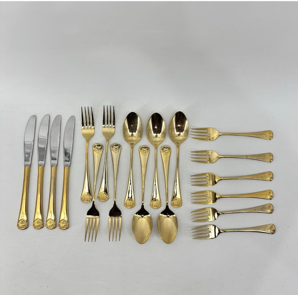 Shell Hollywood Regency Gold Tone Dinner Spoons Forks Flatware 19 Pcs Stainless